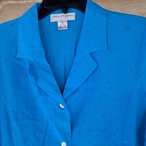 Kim Rogers Turquoise Short Sleeved Silk & Cotton Embroidered Blouse Size Medium - Picture 2 of 8
